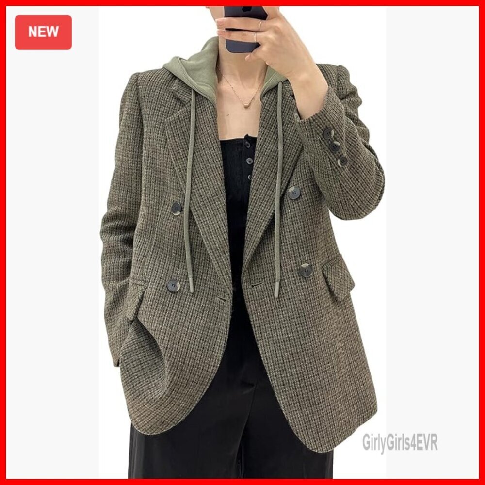 Lightweight Hooded Blazer Jacket Double-Breasted Oversized Work Pocket